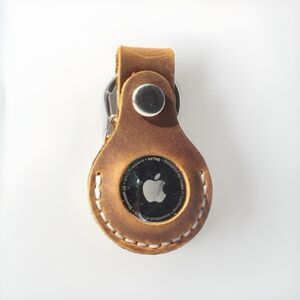 Leather AirTag Case Keychain Holder Ring and Hook Hand-stitched Camel Brown New!